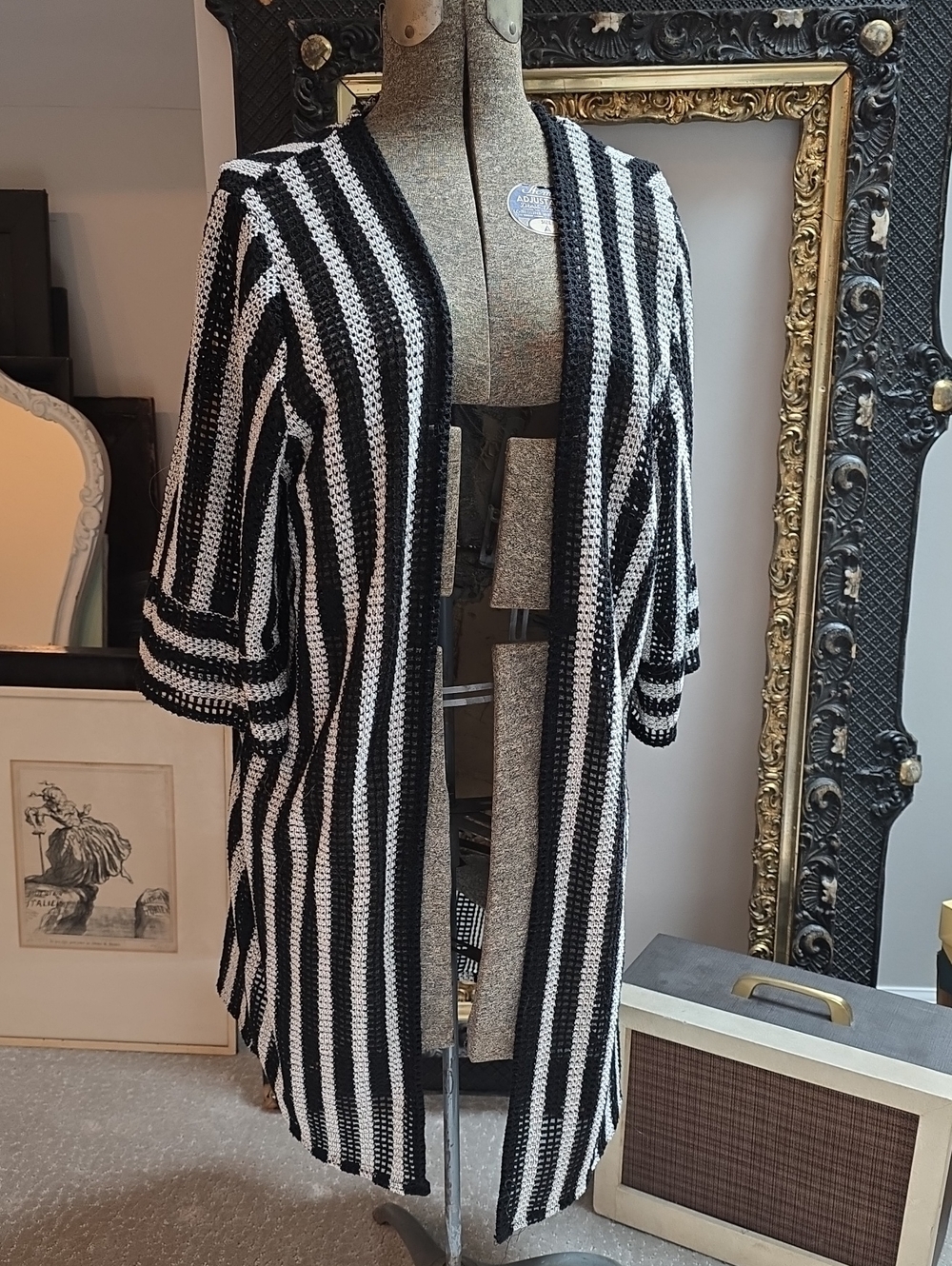 Black and White Striped Knit Cardigan